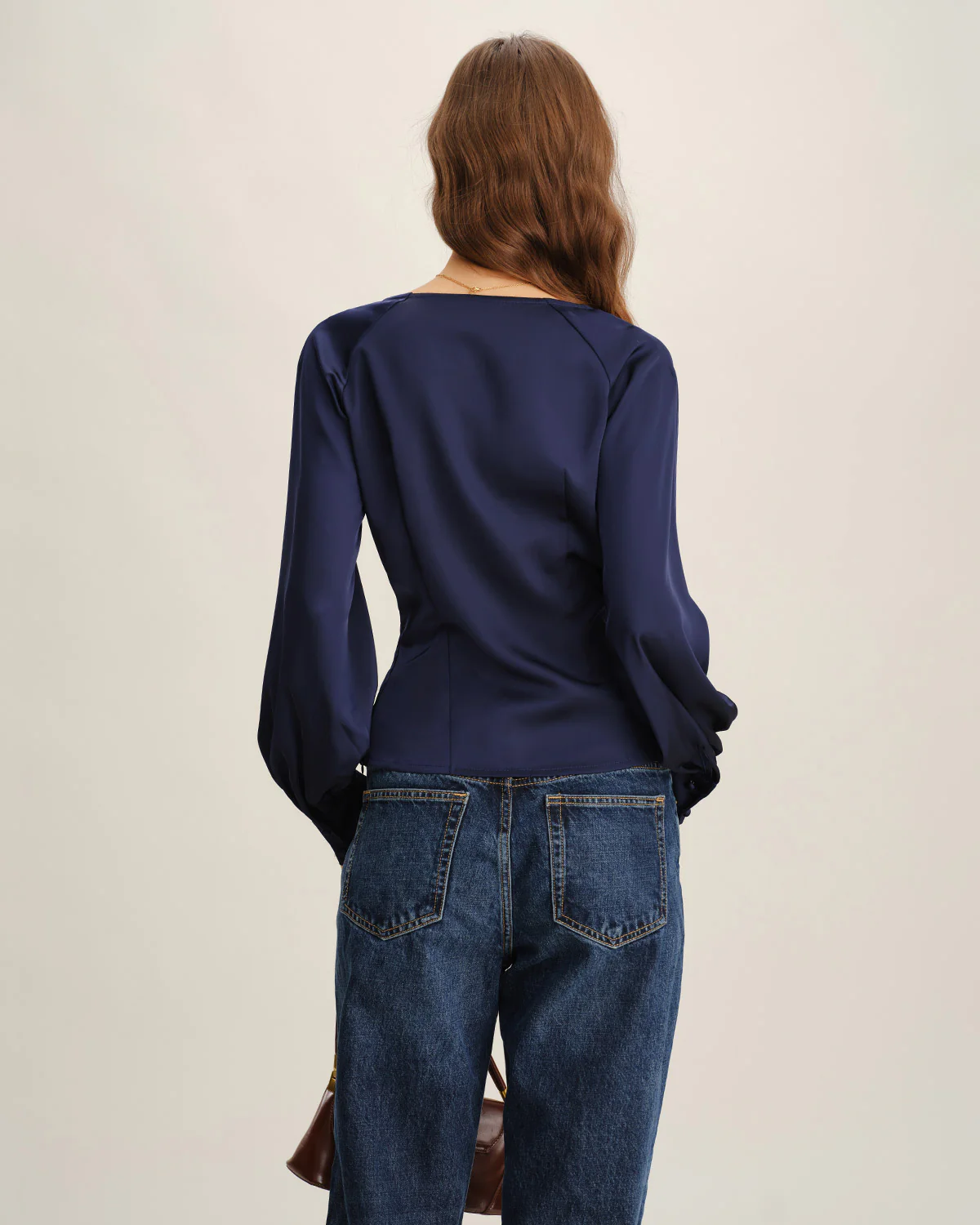 Navy Satin V Neck Ruched Blouse