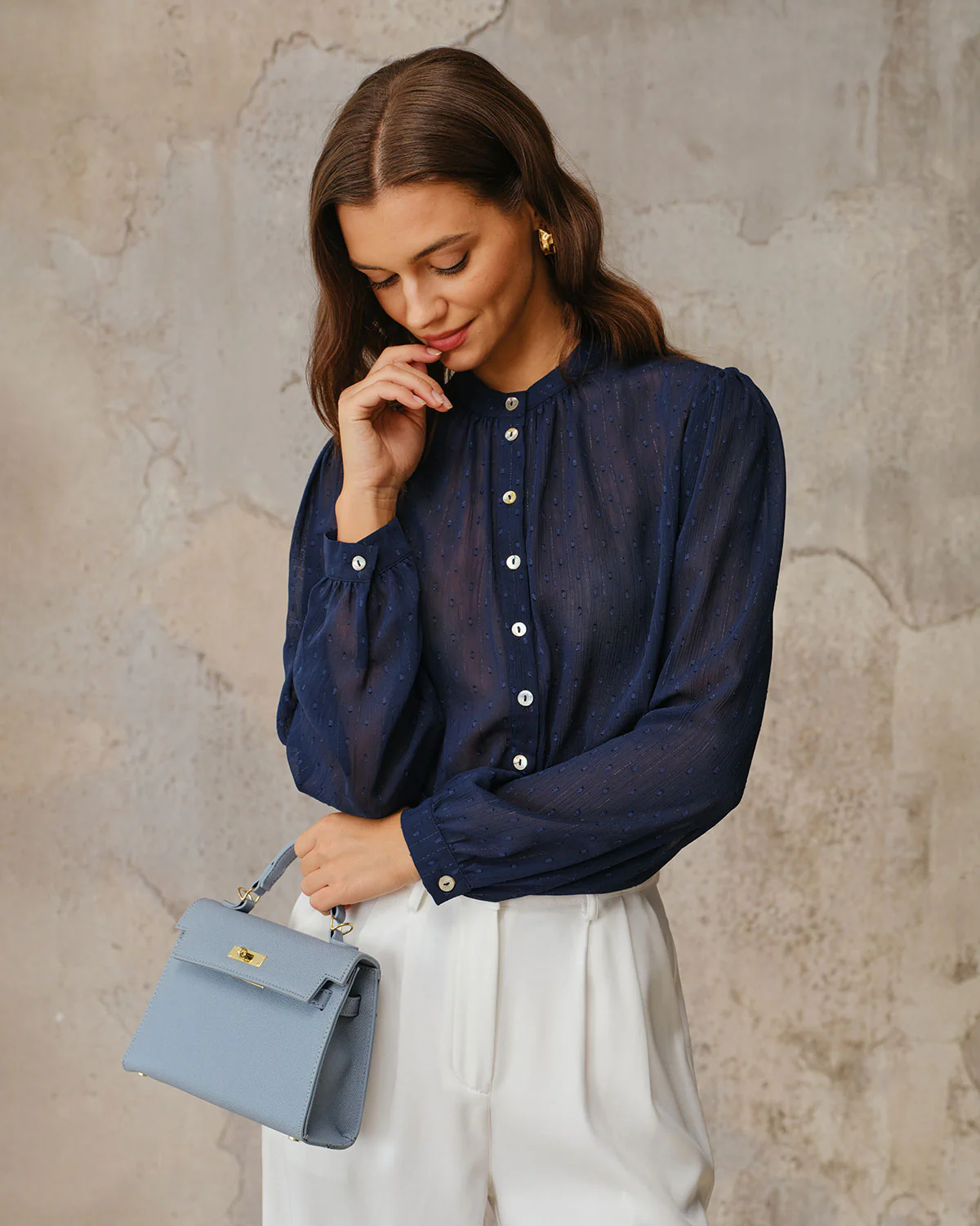 Navy Round Neck Ruched Blouse