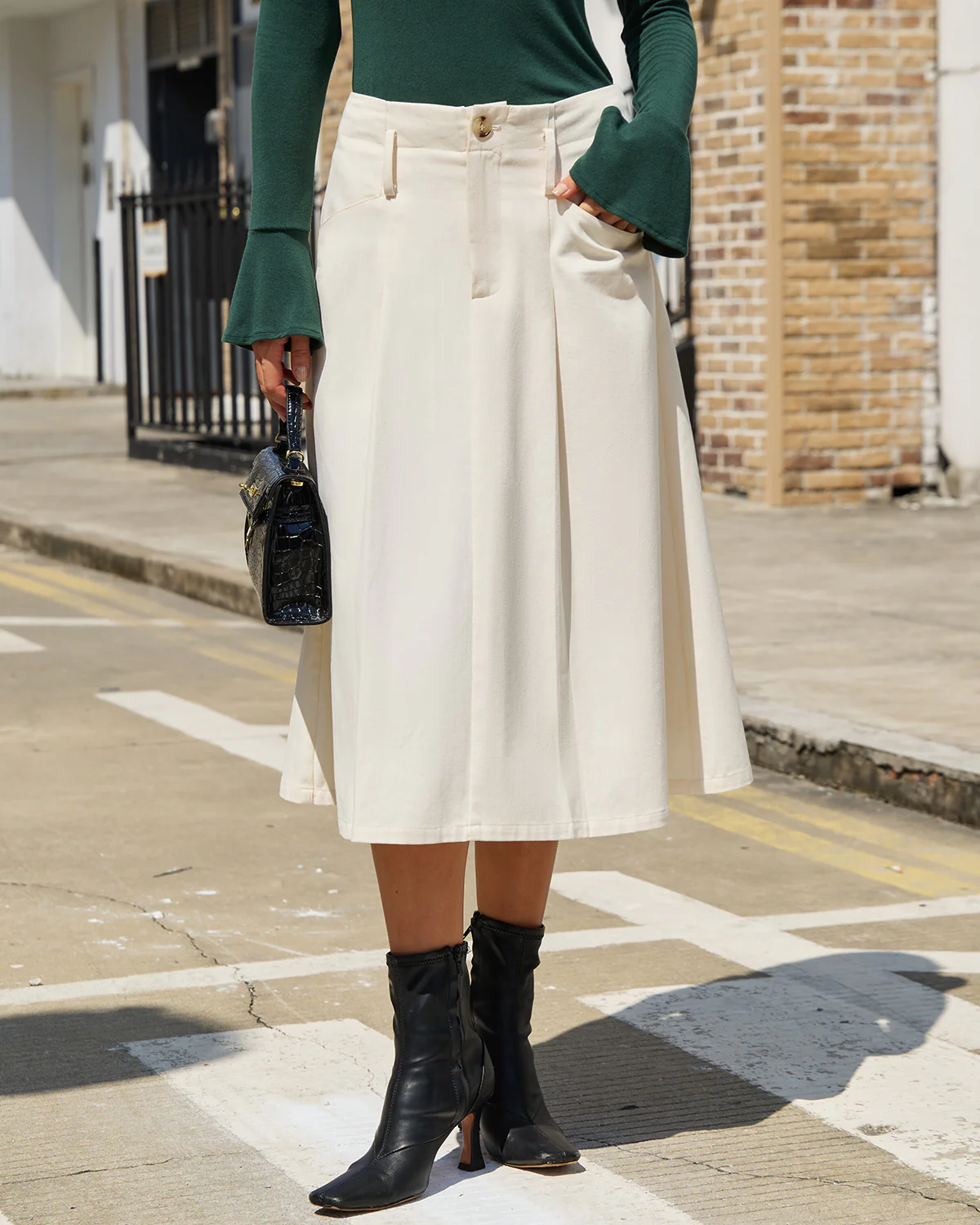 Beige A-Line Pocket Midi Skirt