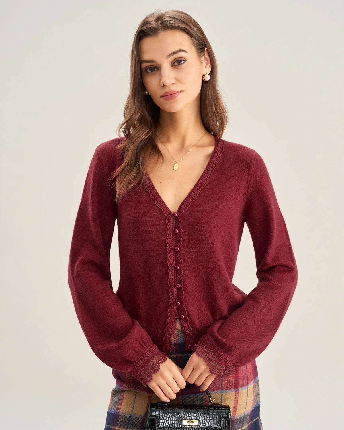 Red V Neck Lace Trim Knit Cardigan