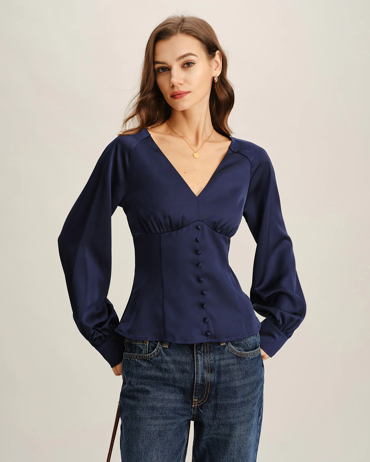 Navy Satin V Neck Ruched Blouse