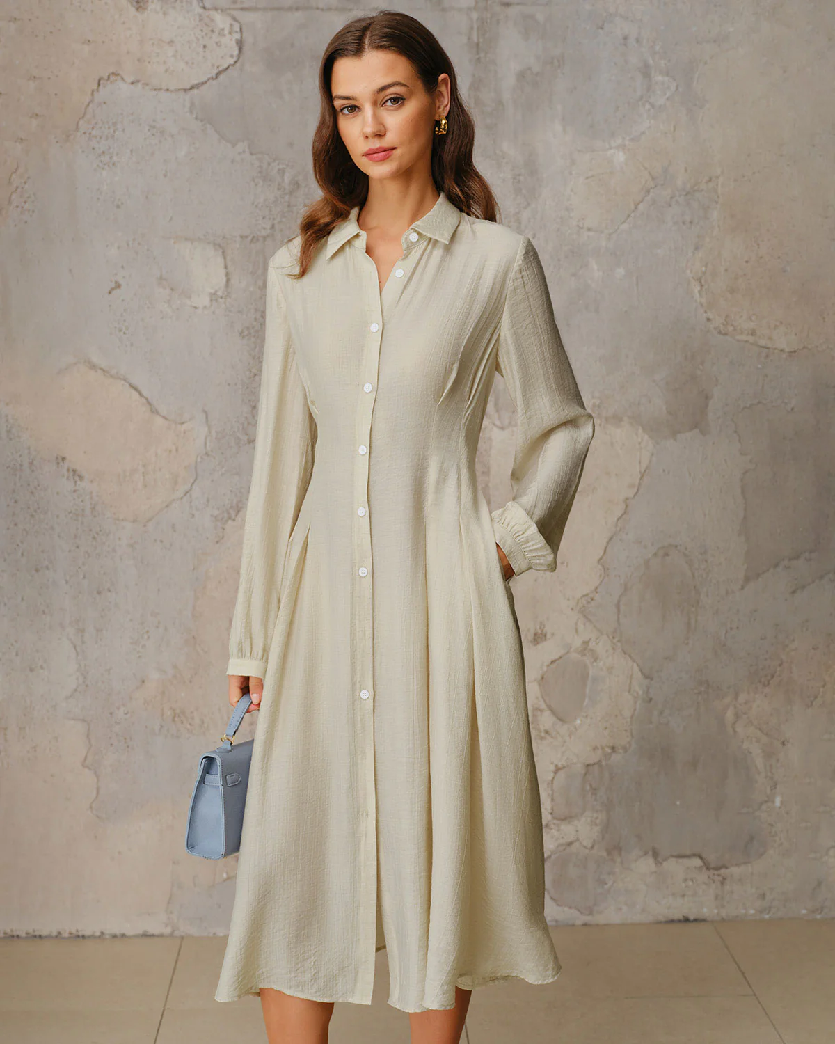 Apricot A-Line Button Midi Dress