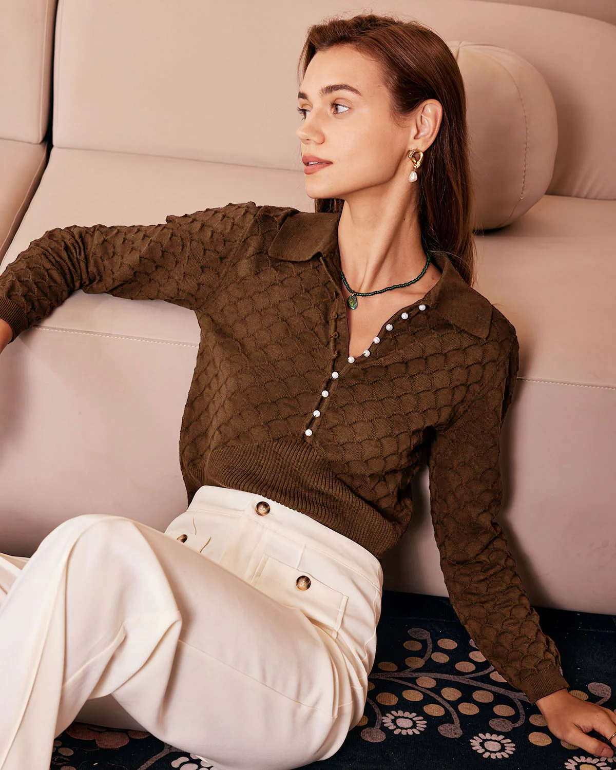 Brown Pearl Buttons Knit Tee