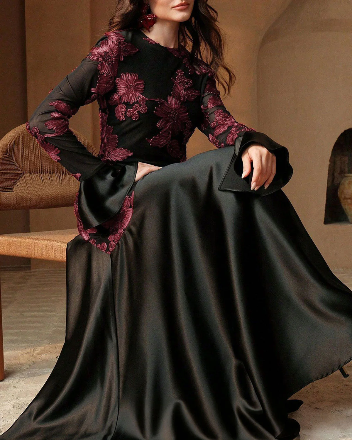 Black Floral Bell Sleeve Maxi Dress