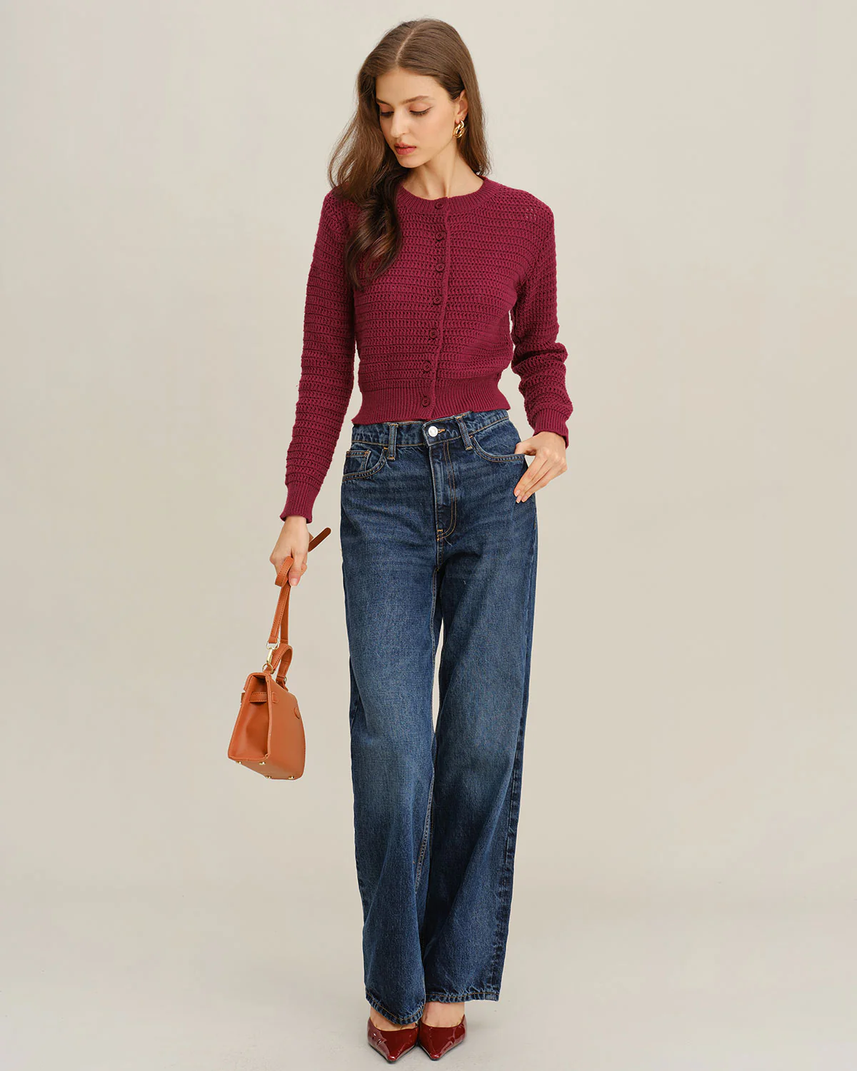 Wine Red Single Breasted Round Neck Knit Cardigan