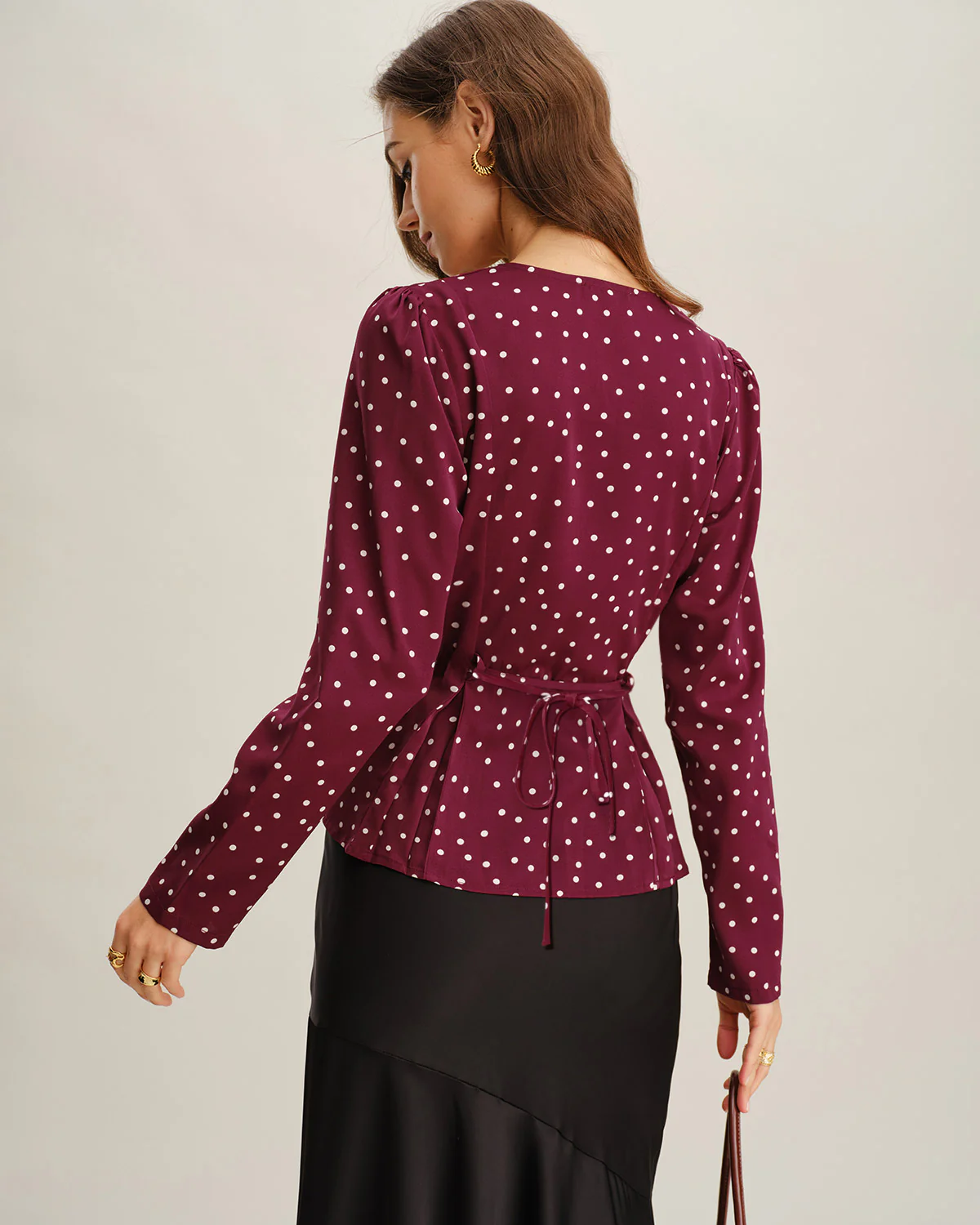 Wine Red Polka Dot V Neck Blouse