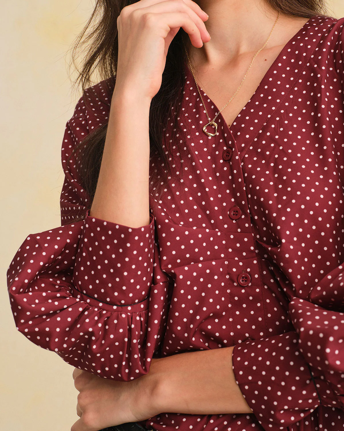 Red V Neck Polka Dot Blouse
