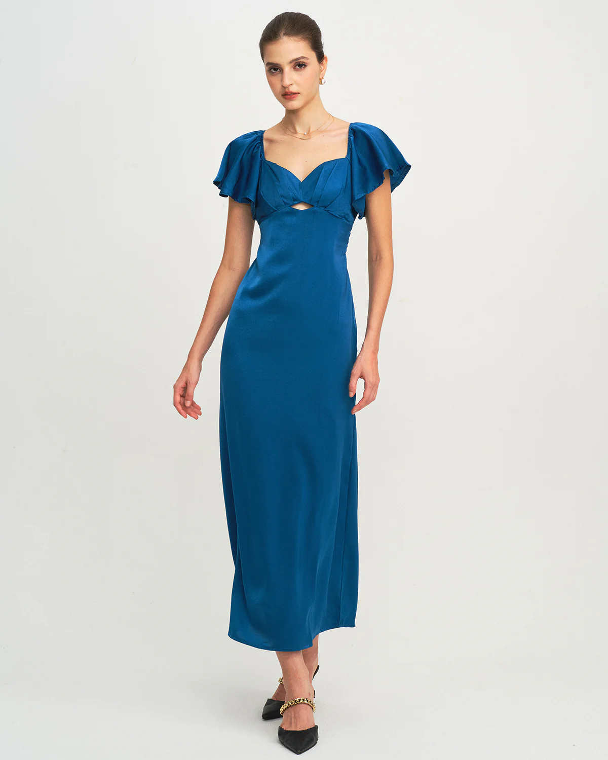 Blue Satin Cap Sleeve Maxi Dress