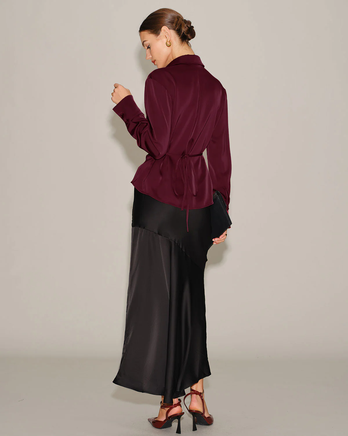 Wine Red Satin V Neck Tie Shirt