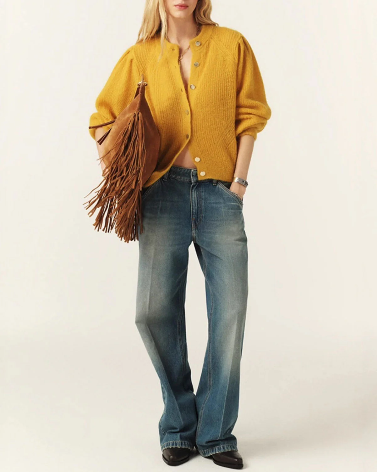 Yellow Round Neck Knit Cardigan