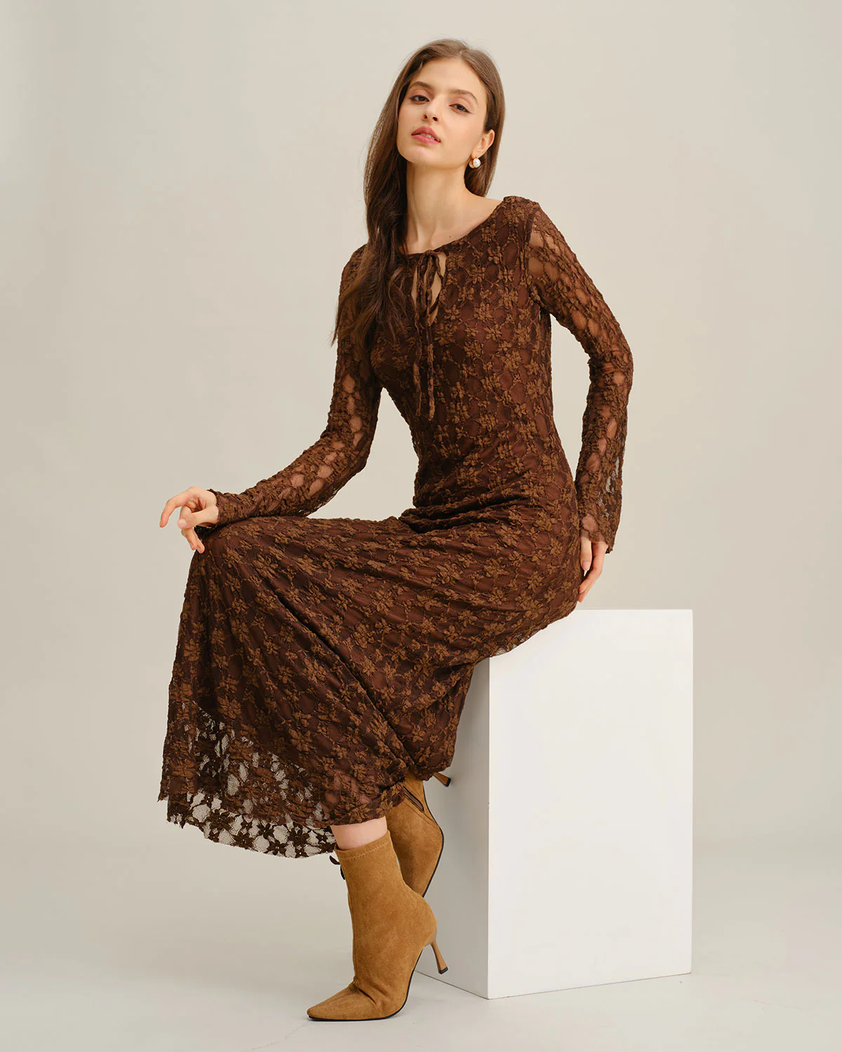 Brown Floral Bell Sleeve Maxi Dress