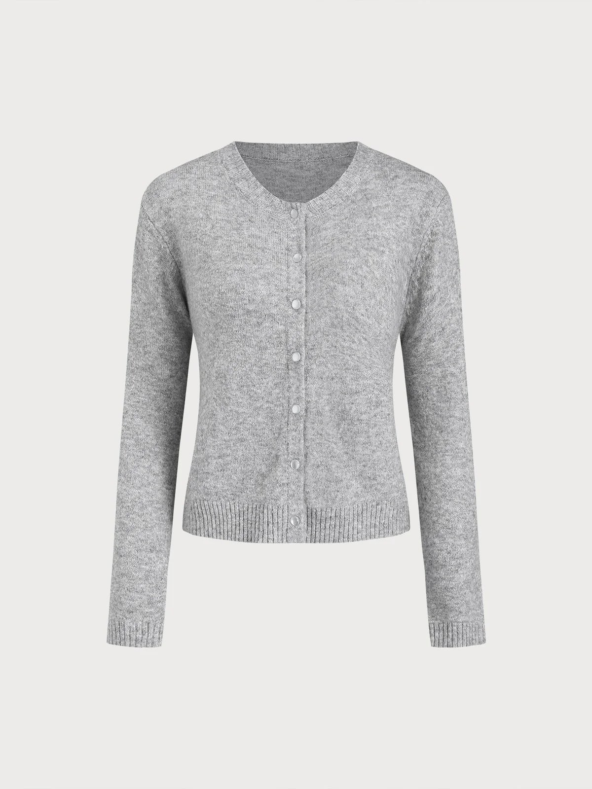 Grey Round Neck Ribbed Knit Cardigan