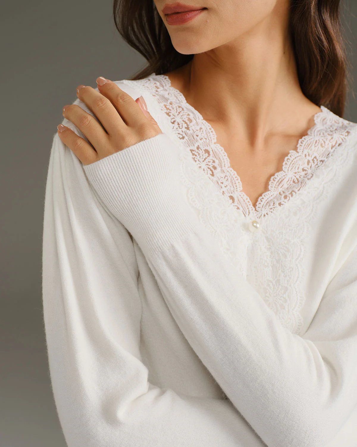White V Neck Pearl Button Sweater