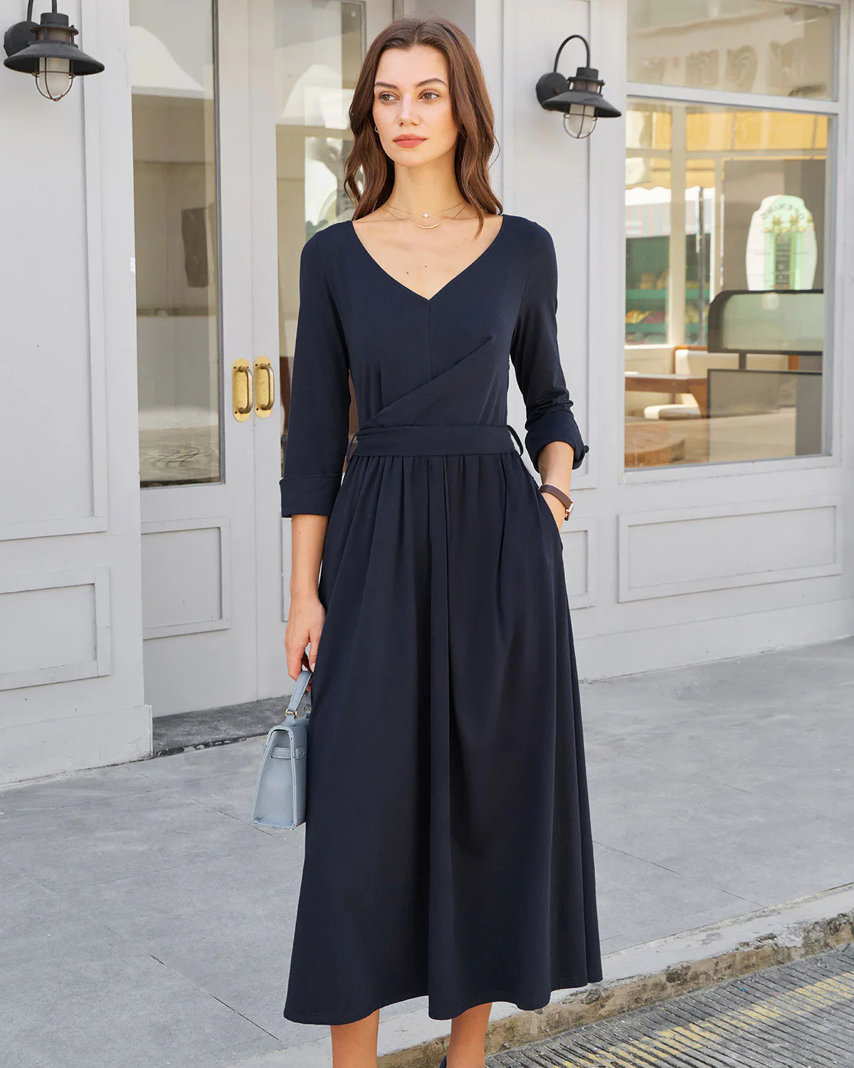 Navy Ruched Tie Waist Maxi Dress
