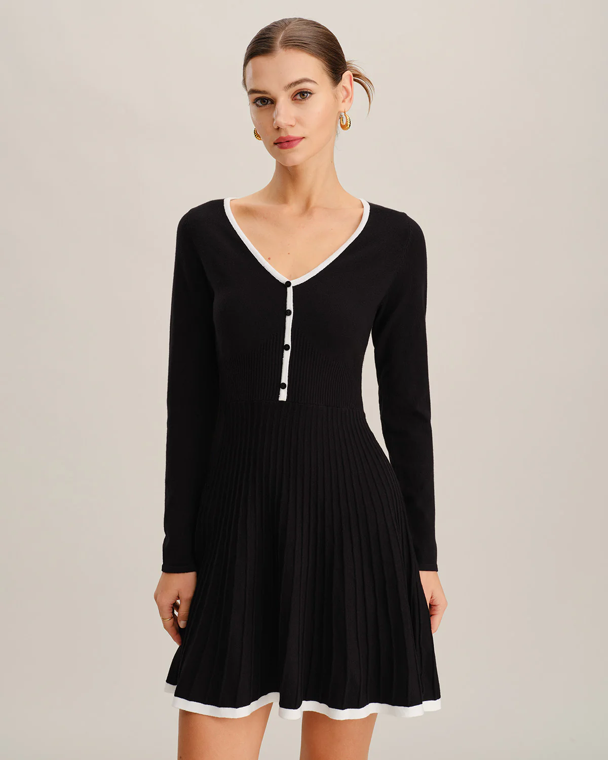 Black Contrasting V Neck Button Sweater Dress
