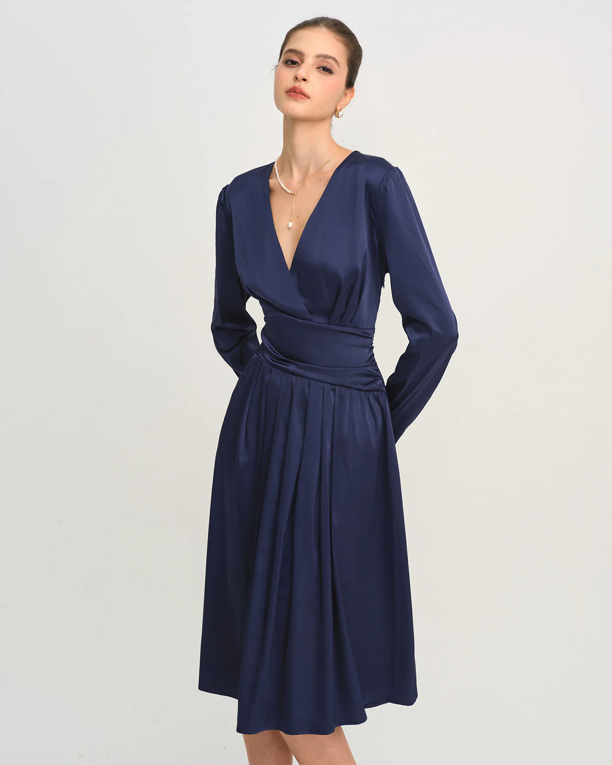 Blue V Neck Pleated Midi Dress