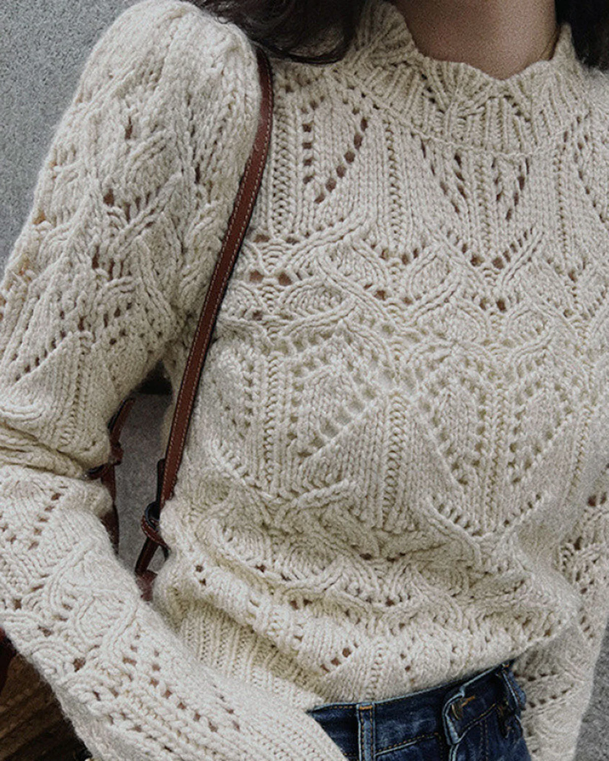 White Round Neck Cut Out Sweater