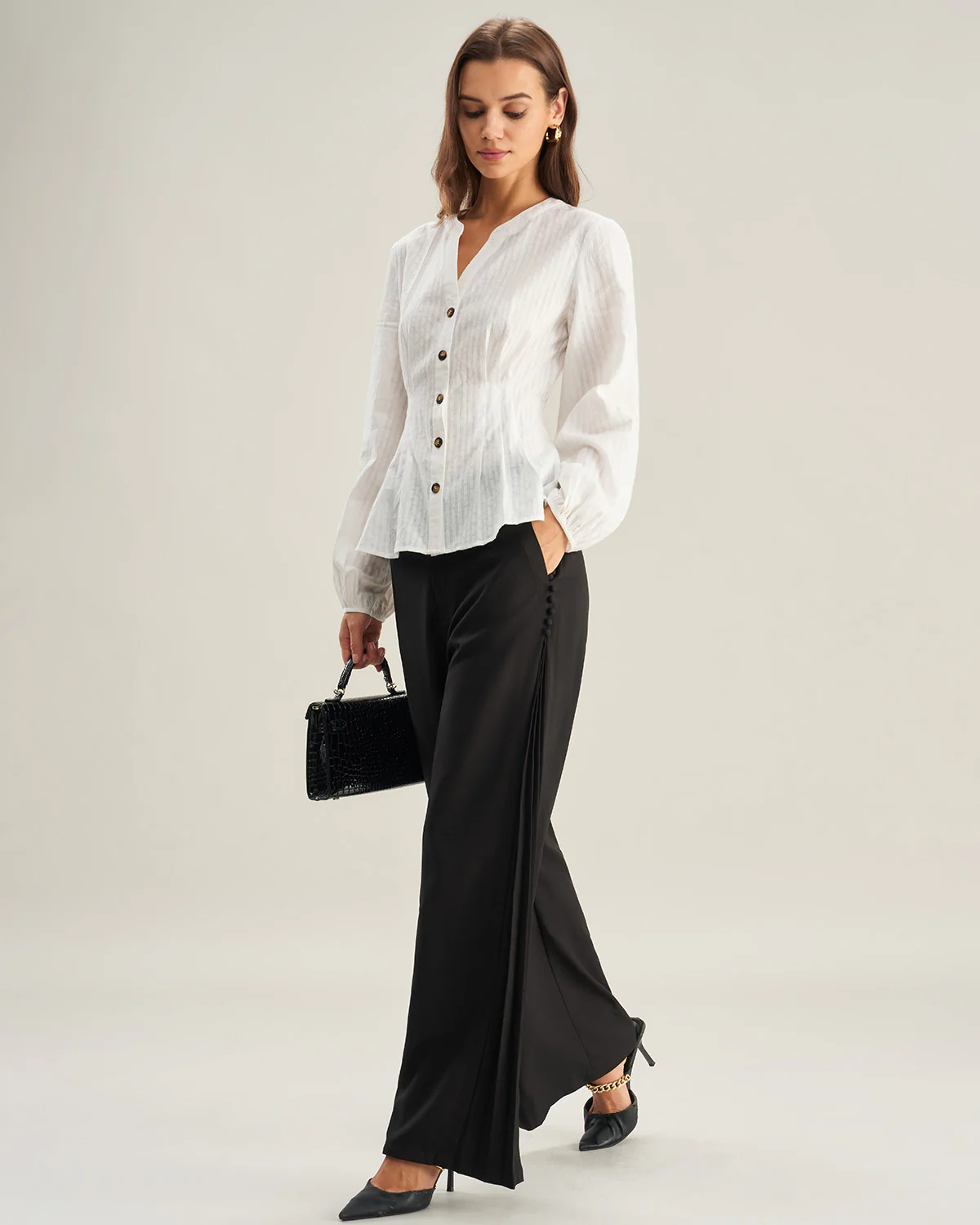 Beige Ruched Lantern Sleeve Shirt