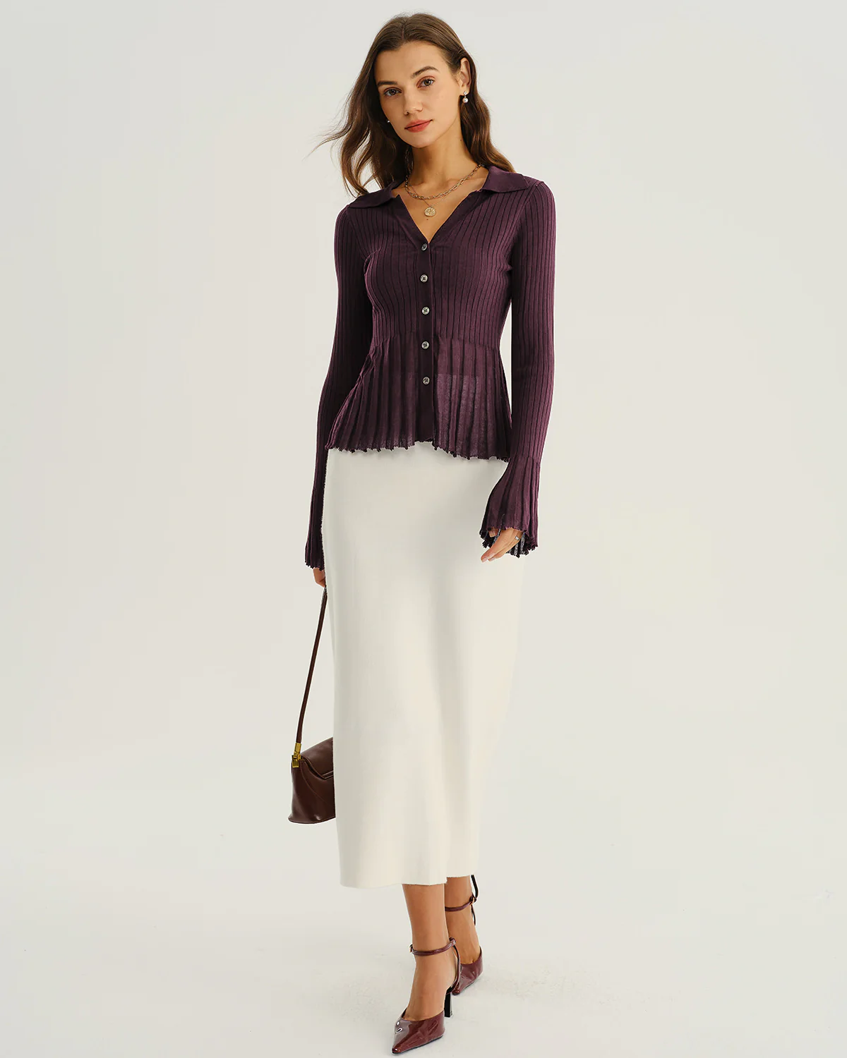 Purple Button Ribbed Knit Cardigan