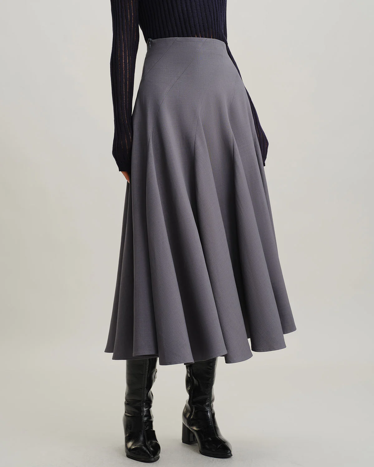 Grey High Waisted Pleated Midi Skirt