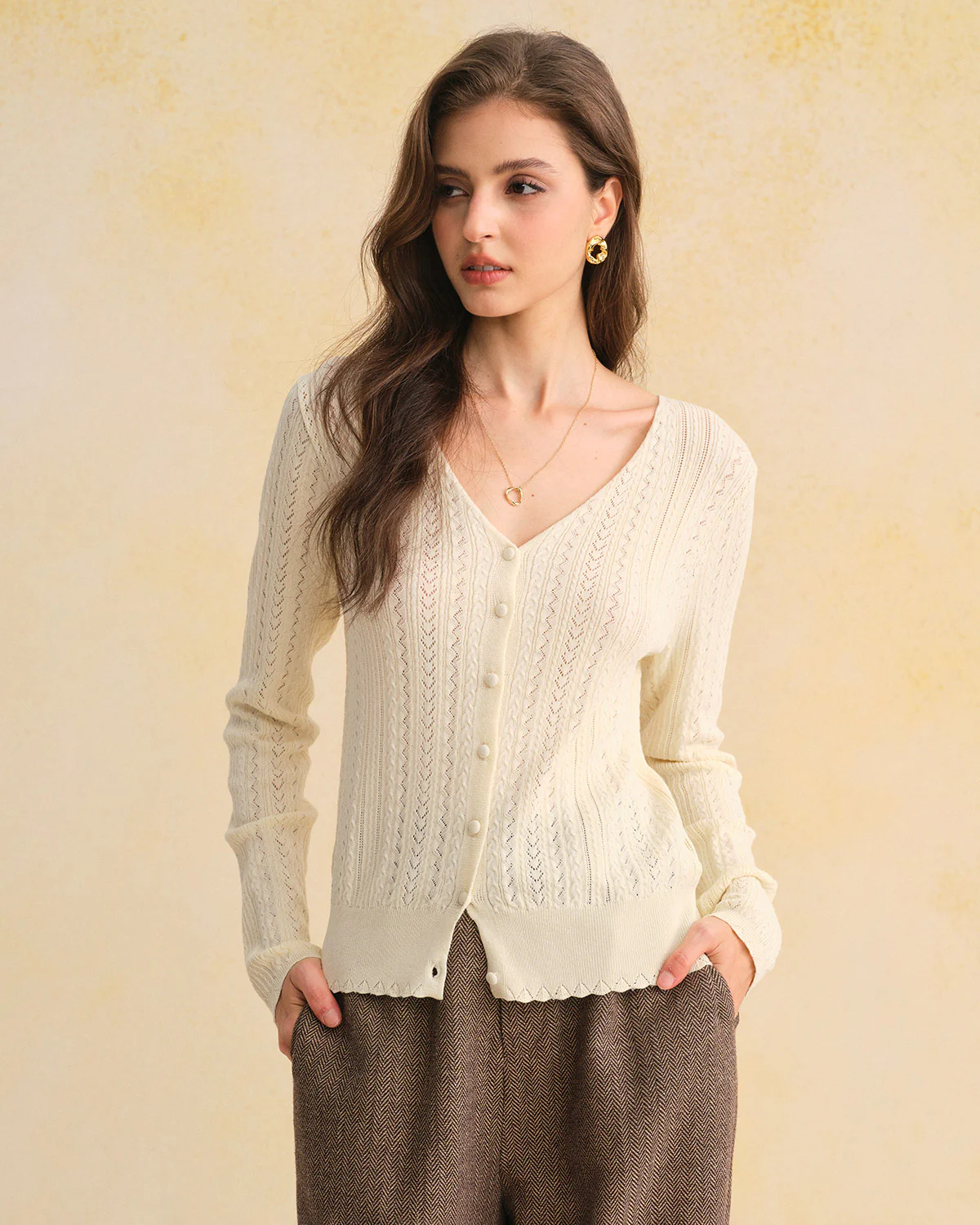 Beige V Neck Slim Knit Cardigan
