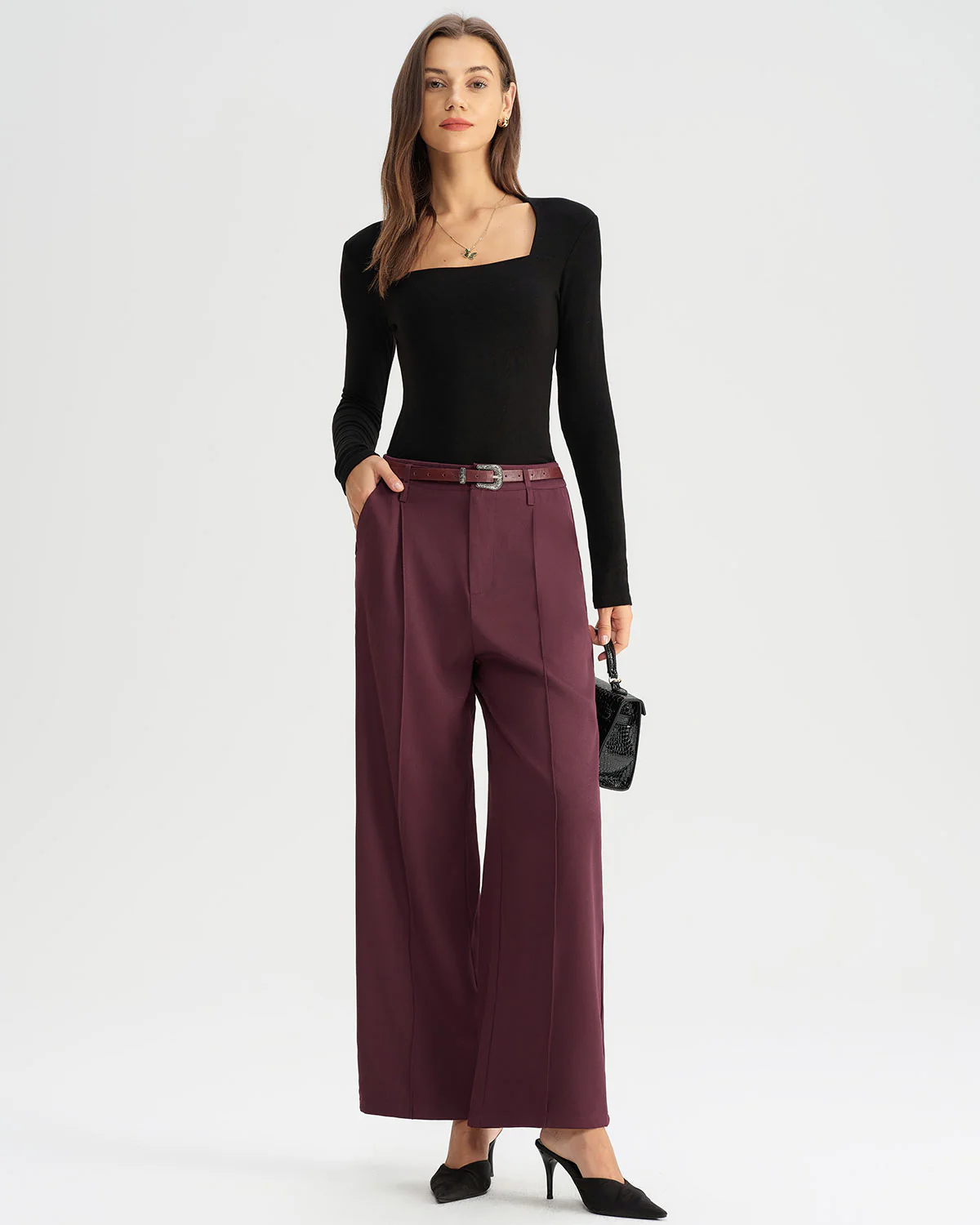Wine Red Natural Waisted Casual Pants