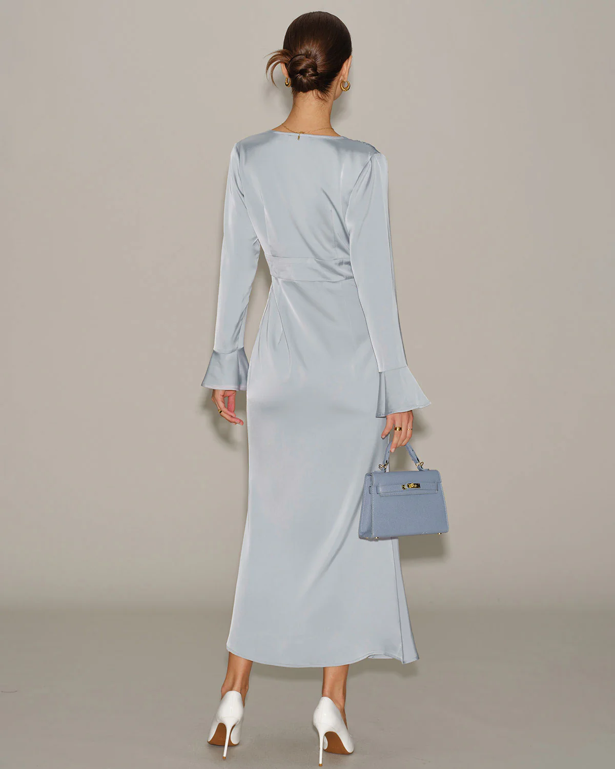 Grey Satin Bell Sleeve Maxi Dress