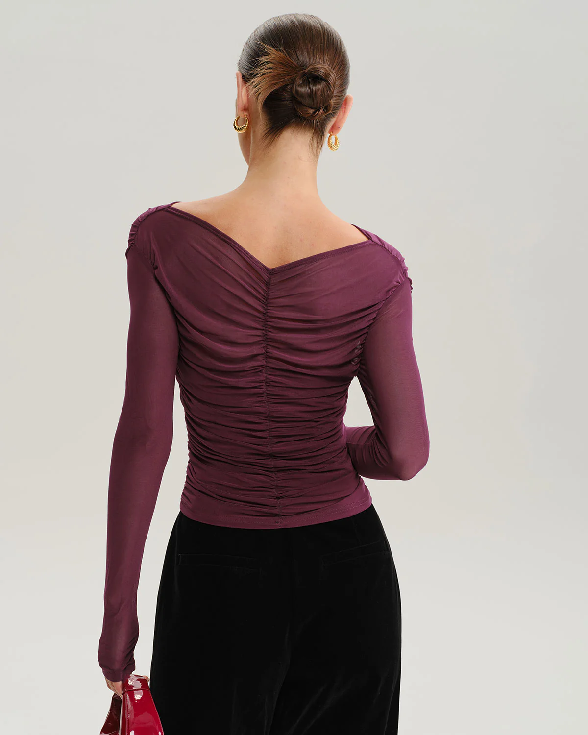 Wine Red V Neck Slim Mesh Tee