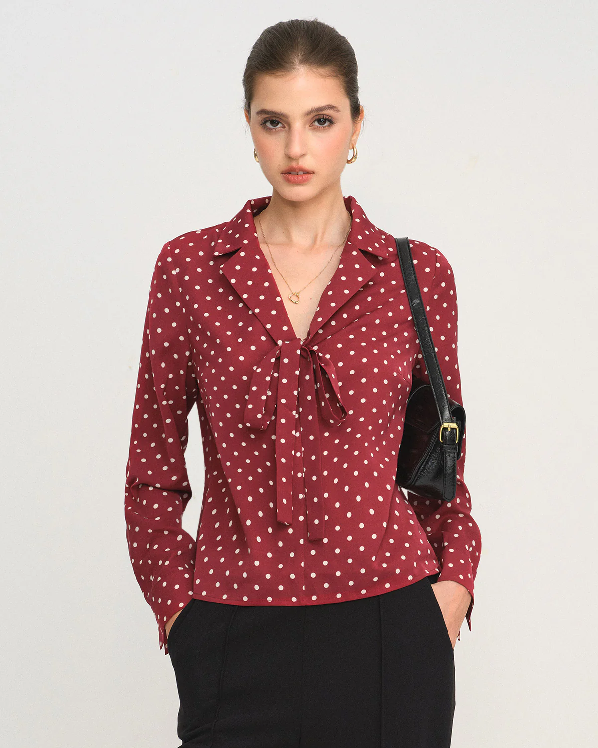 Dark Red Polka Dot Tie Neck Shirt