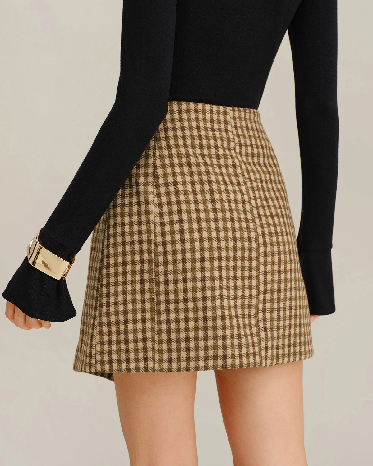 Khaki Plaid Wrap Mini Skirt