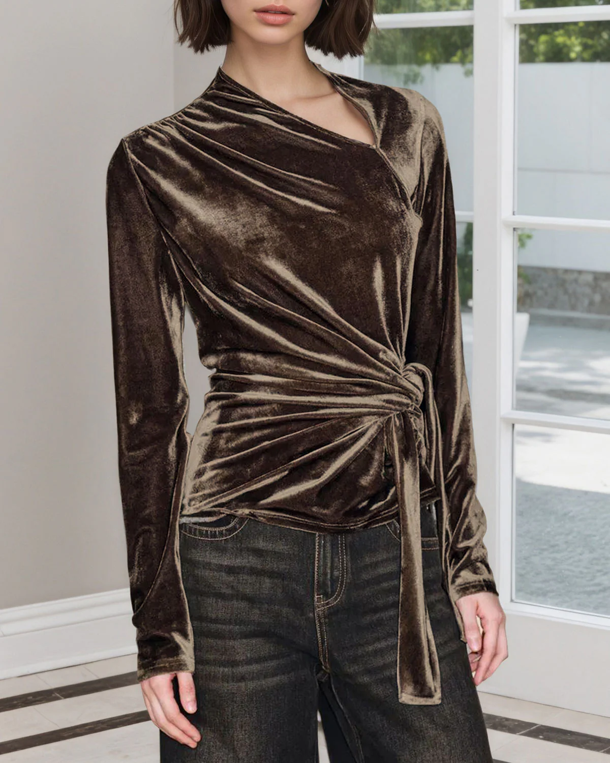 Brown Ruched Velour Tee