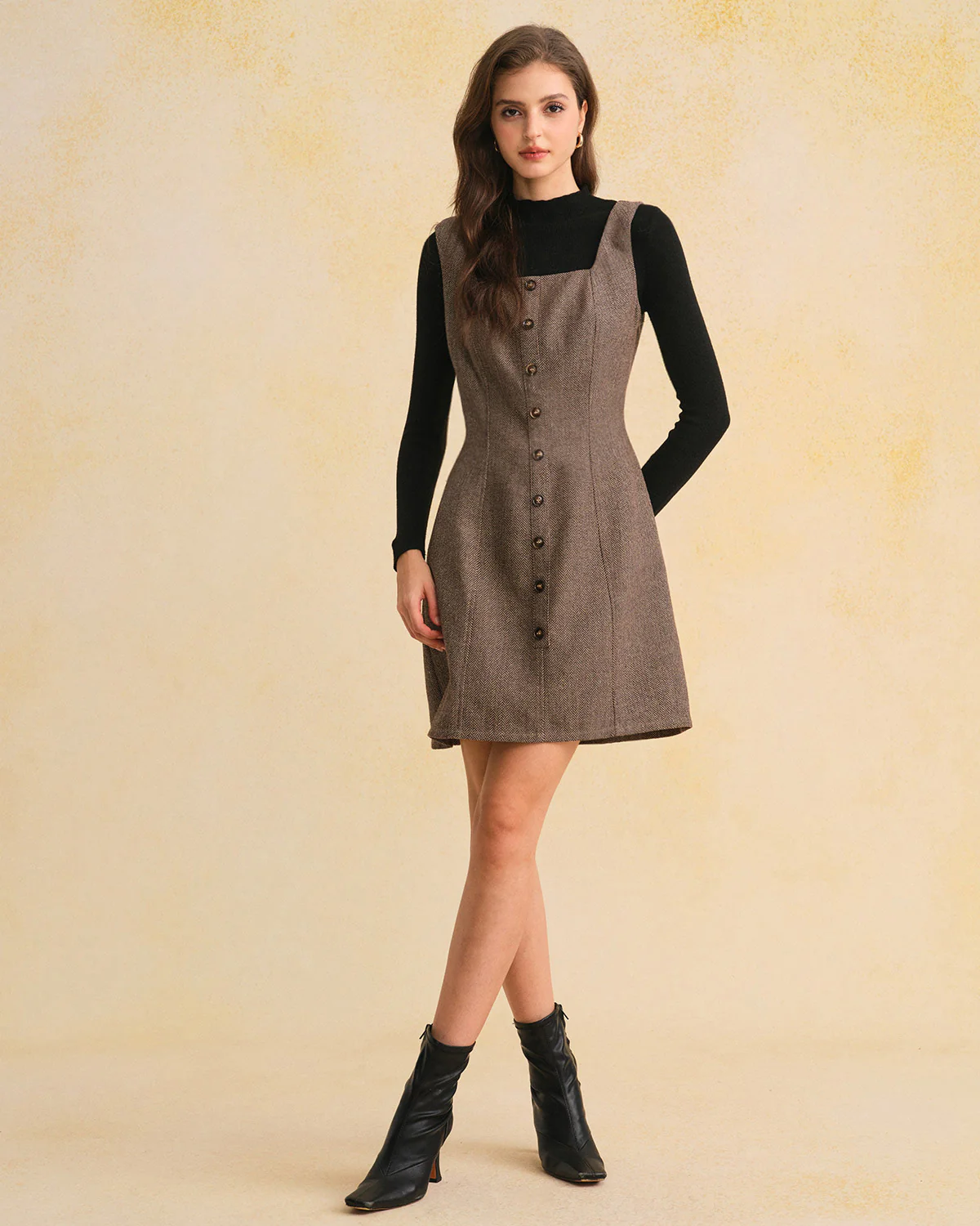 Brown Square Neck Sleeveless Mini Dress