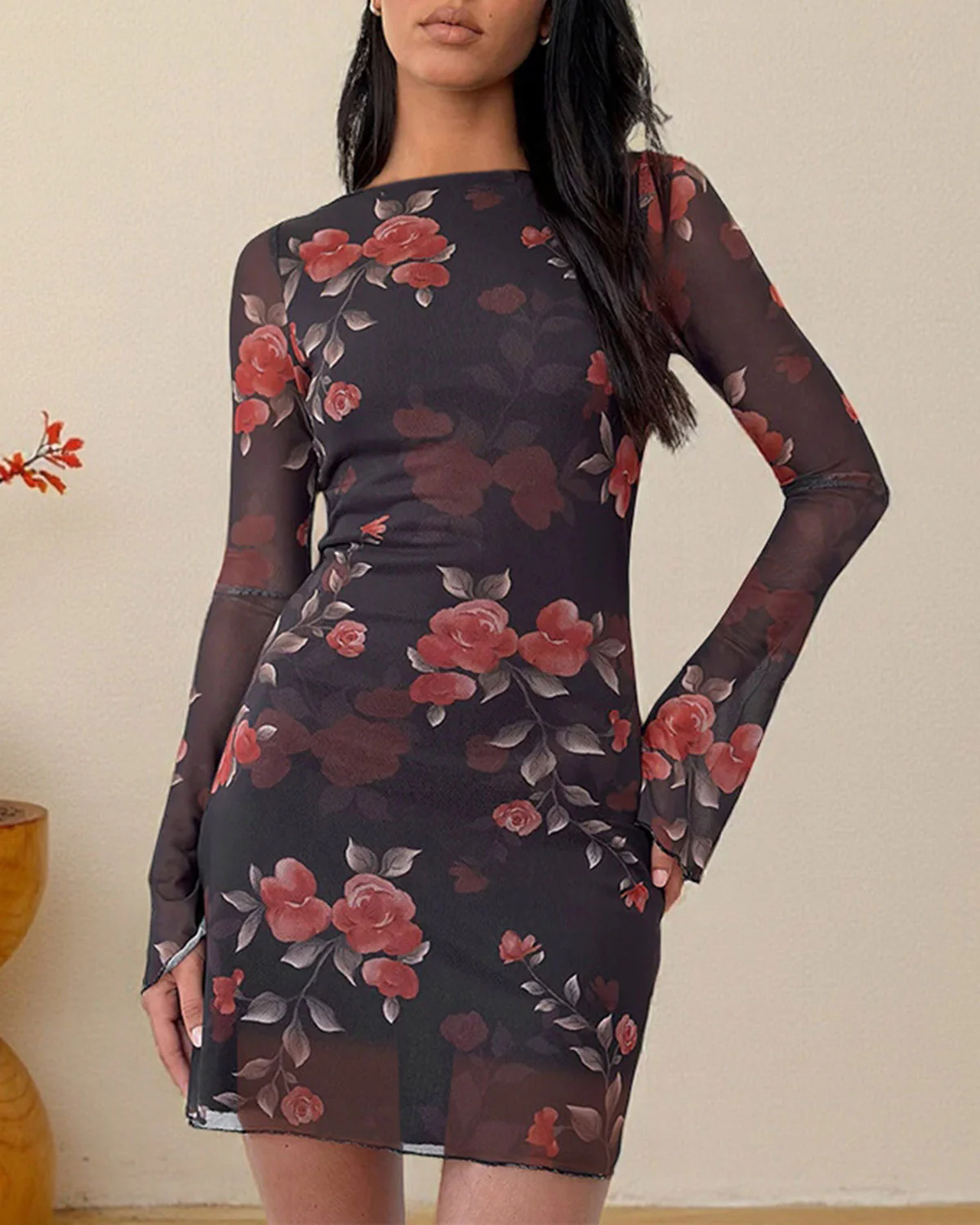 Black Floral See-Through A-Line Mini Dress