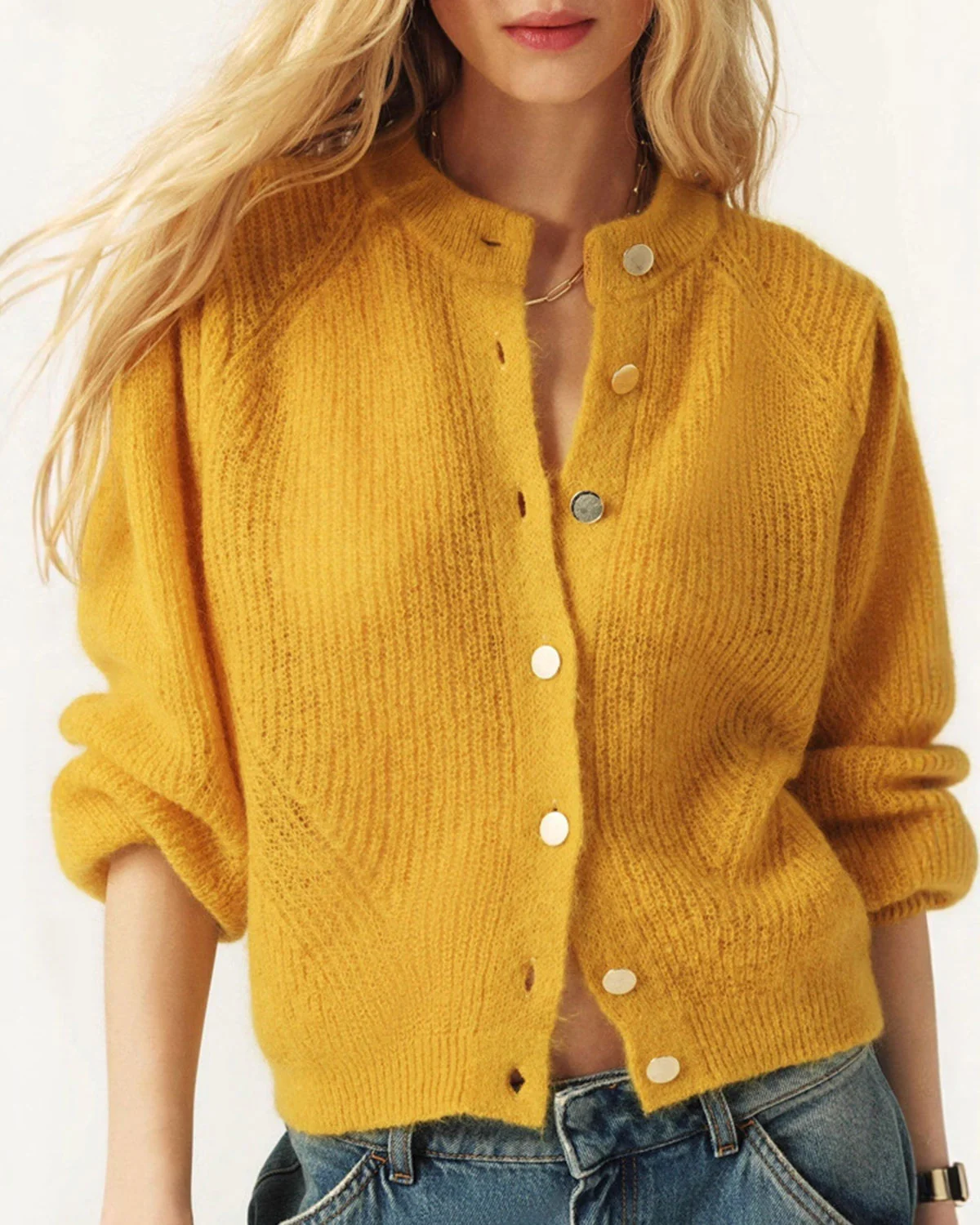 Yellow Round Neck Knit Cardigan