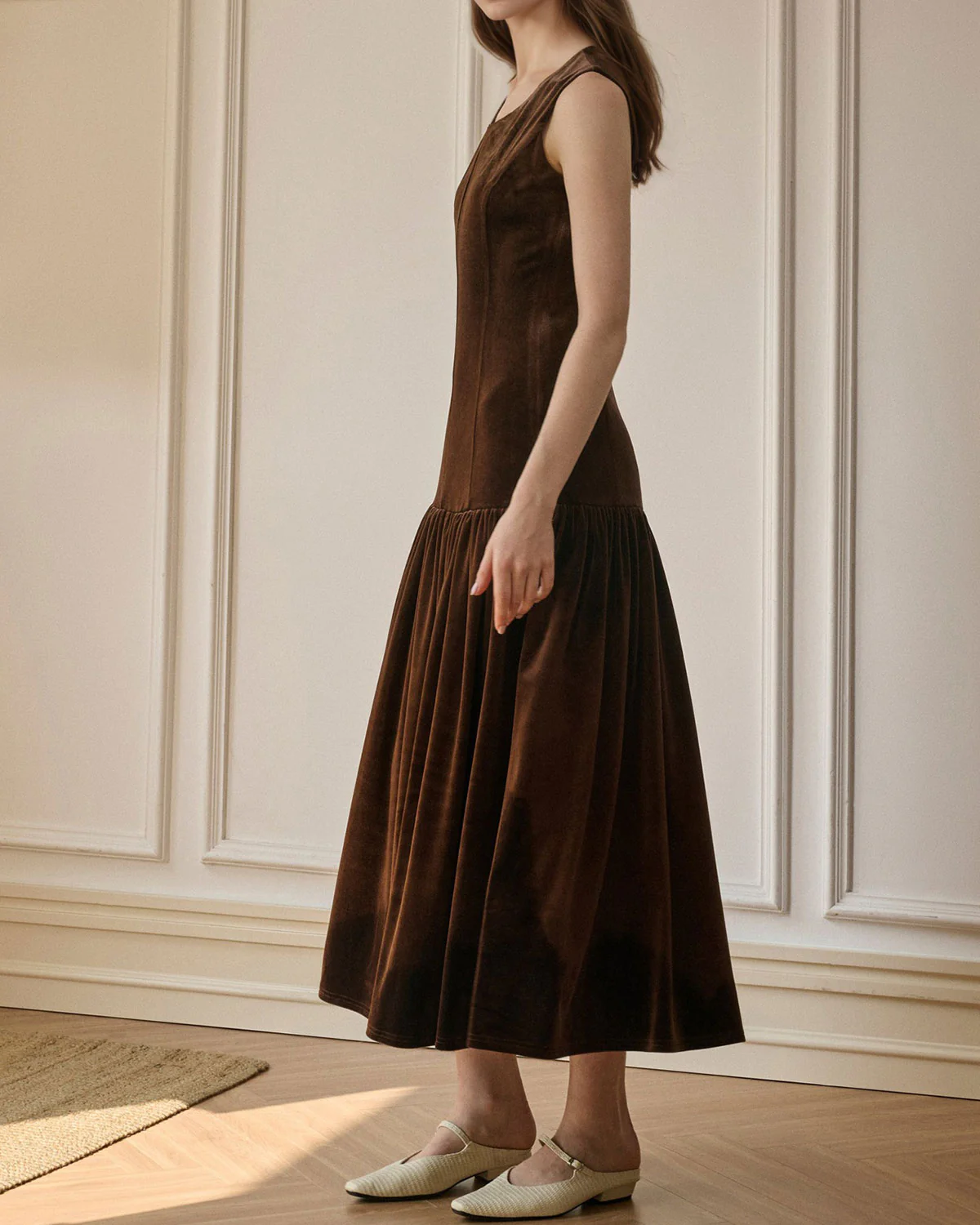 Coffee Velour A-Line Sleeveless Maxi Dress