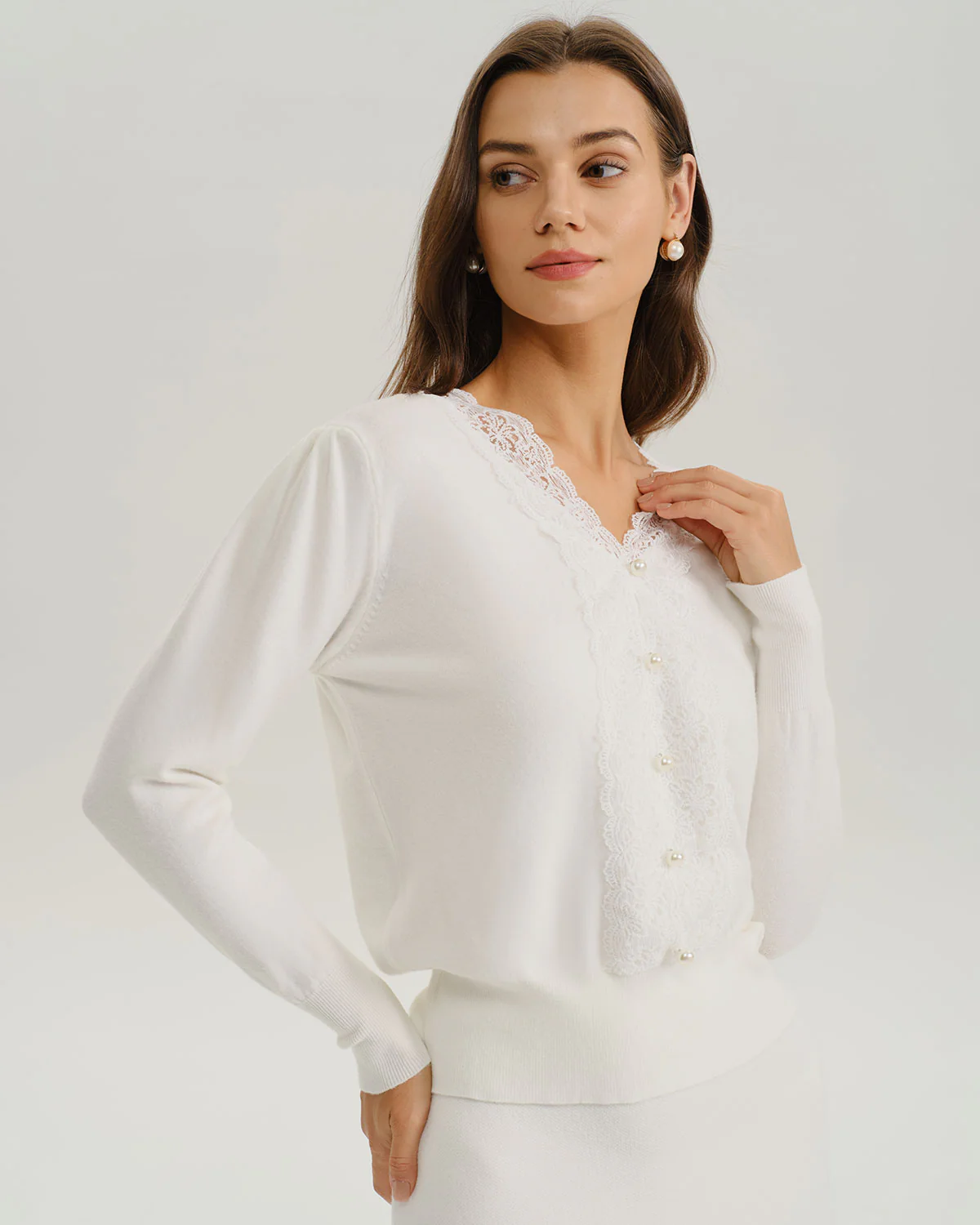 White V Neck Pearl Button Sweater