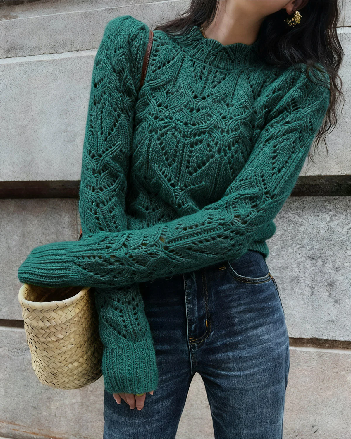 Green Round Neck Cut Out Sweater