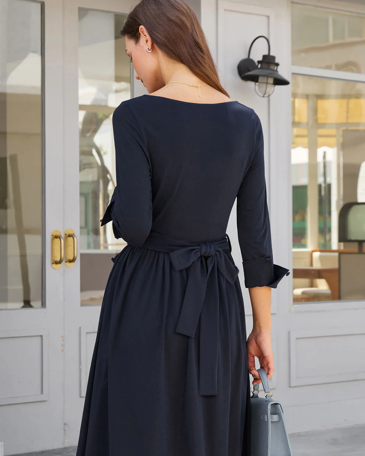 Navy Ruched Tie Waist Maxi Dress