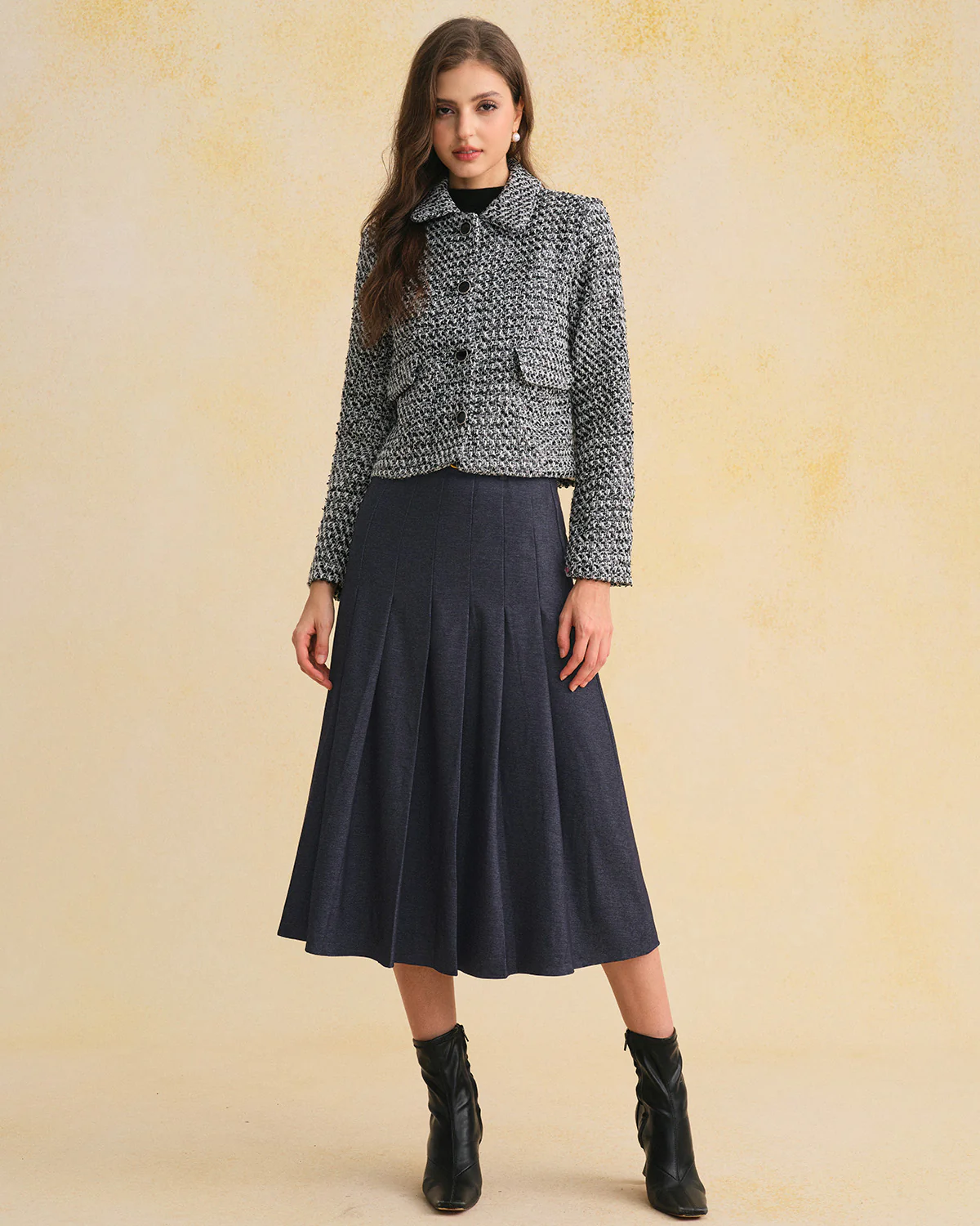 Blue Pleated Belted Midi Skirt