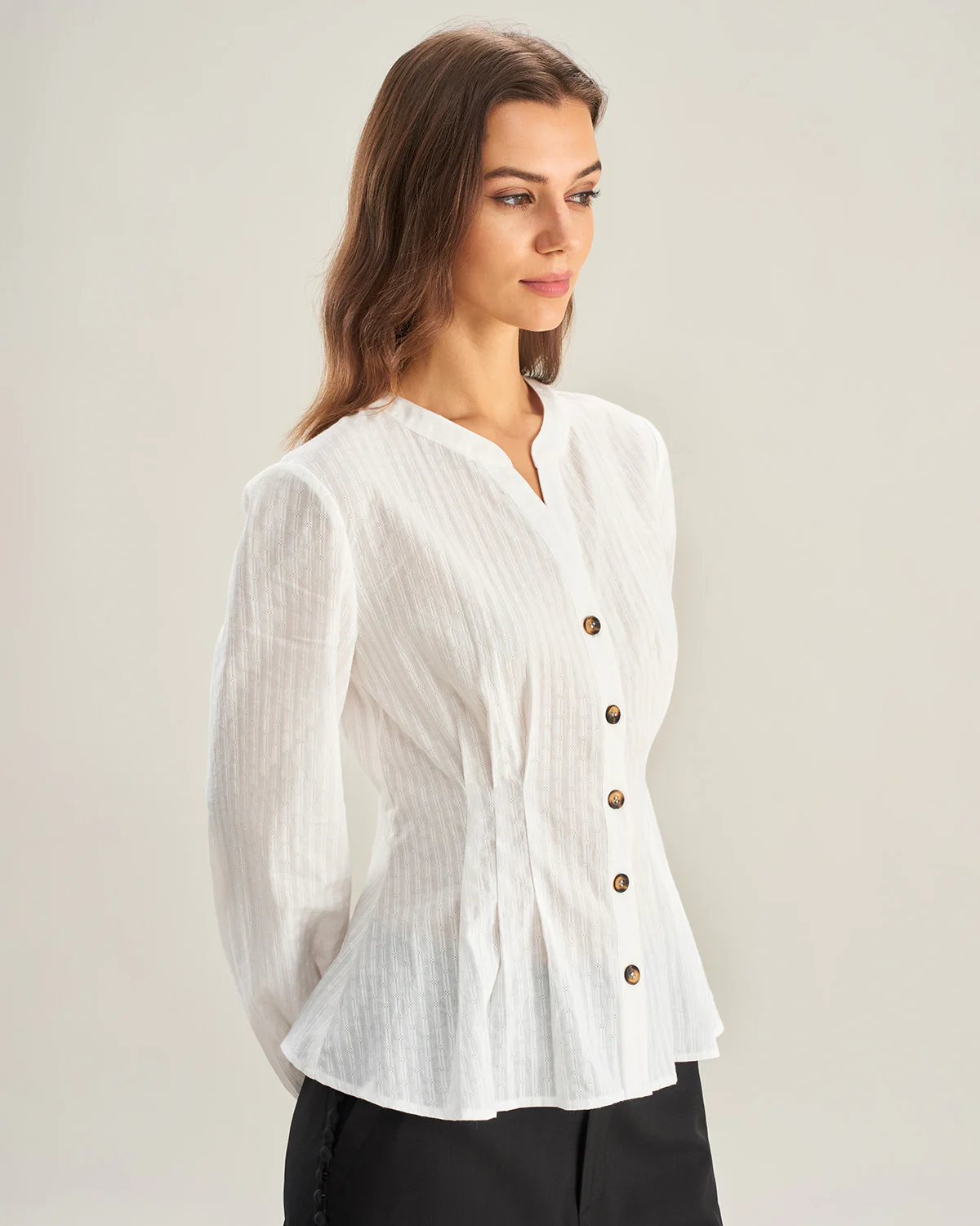 Beige Ruched Lantern Sleeve Shirt