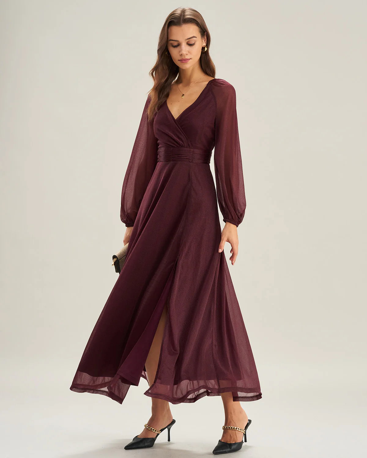 Purple V Neck See Through A-Line Maxi Dresses