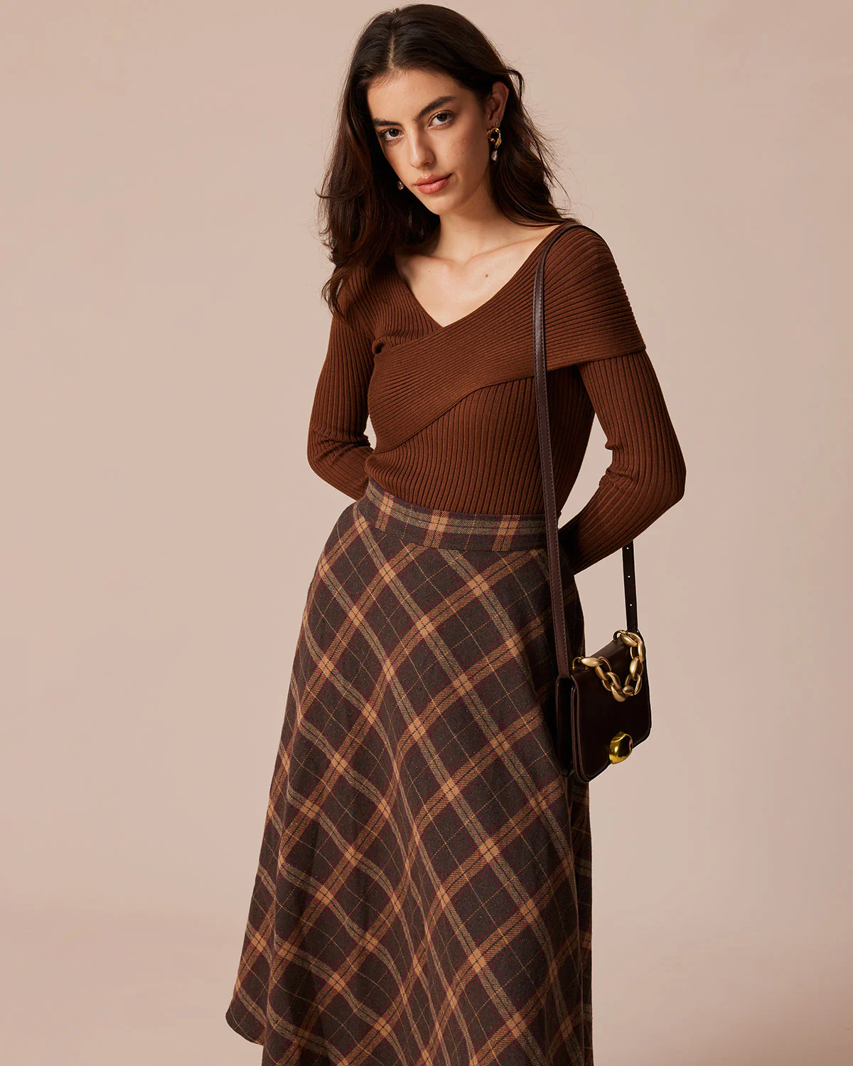 Coffee Ribbed Knit Slim Tee