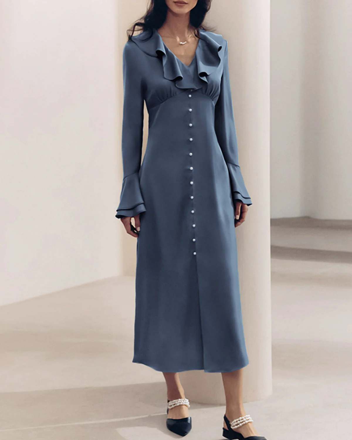 Blue V Neck Ruffle Satin Maxi Dress