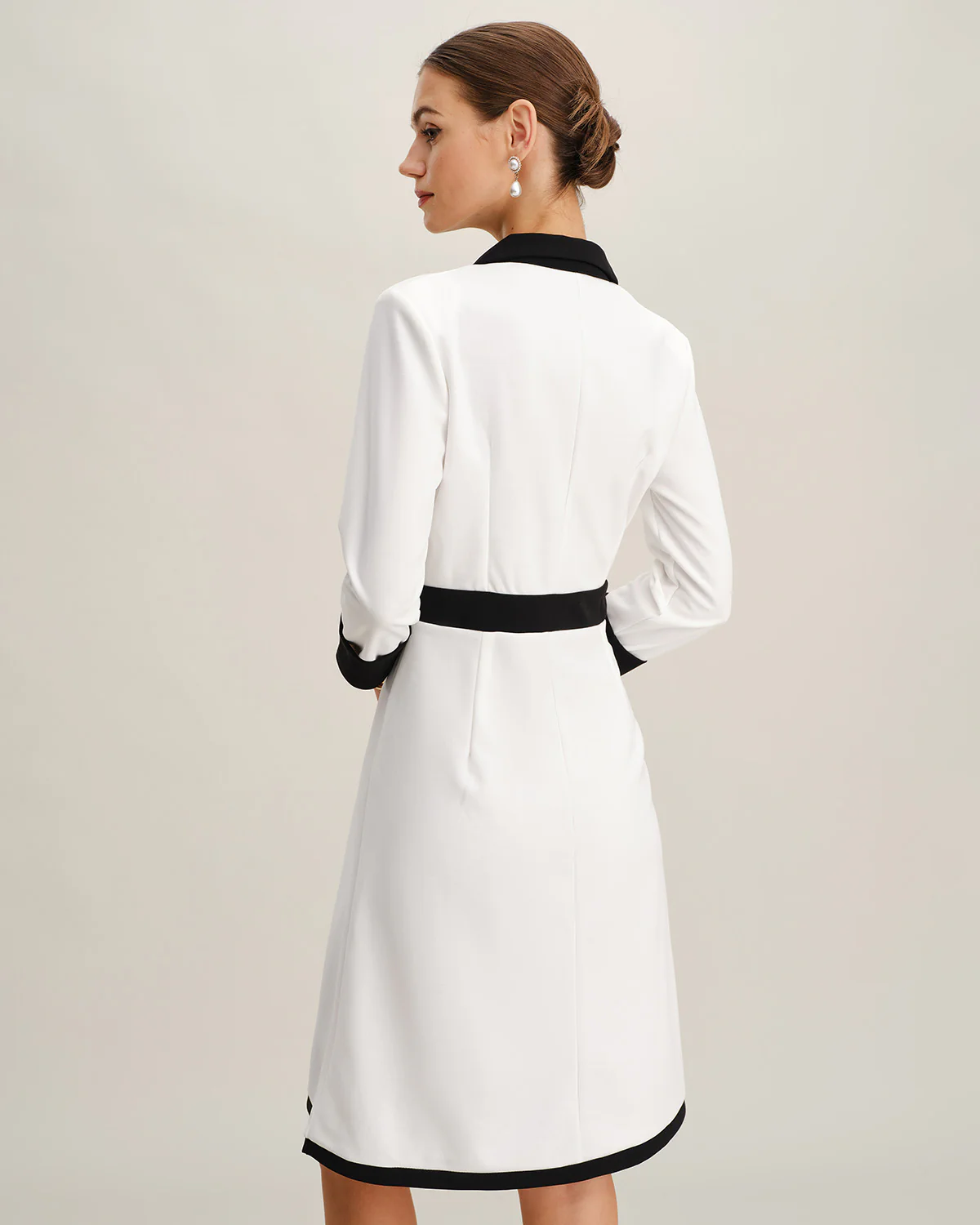 White Contrasting V Neck Button Midi Dress