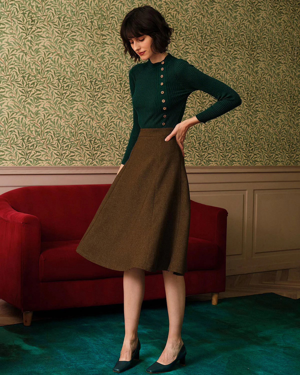 Green Mock Neck Ribbed Knit Tee