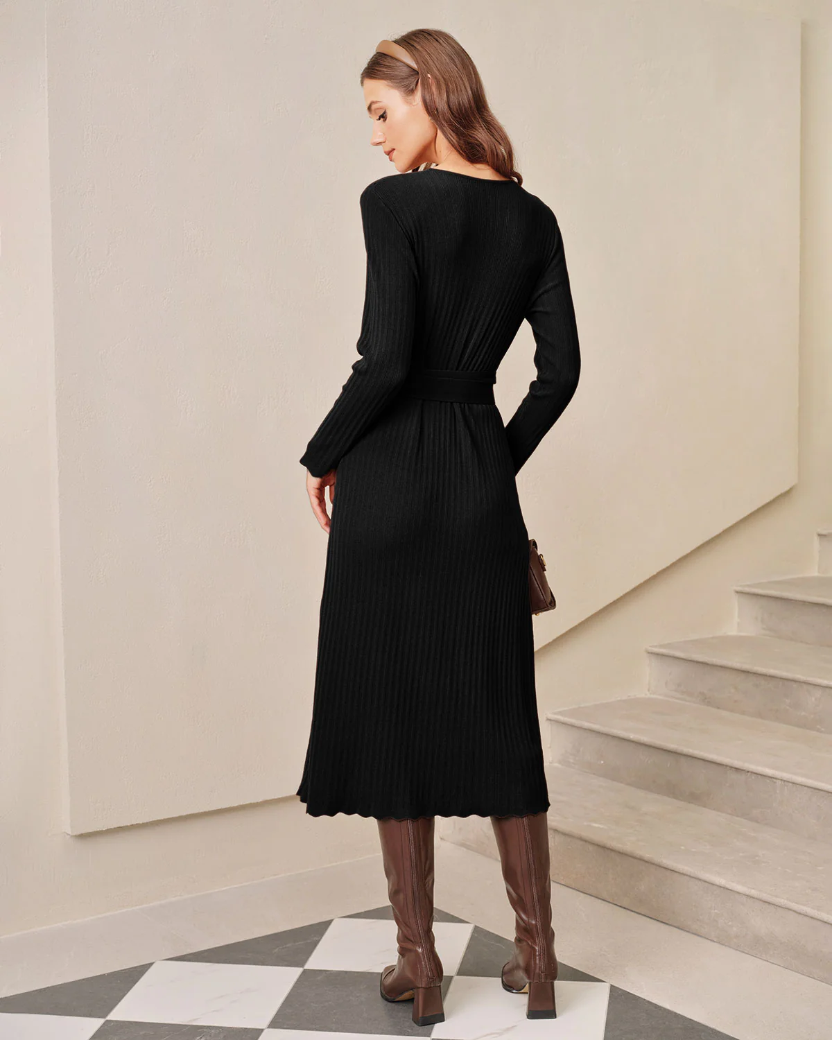 Black V Neck Wrap Knit Midi Dress