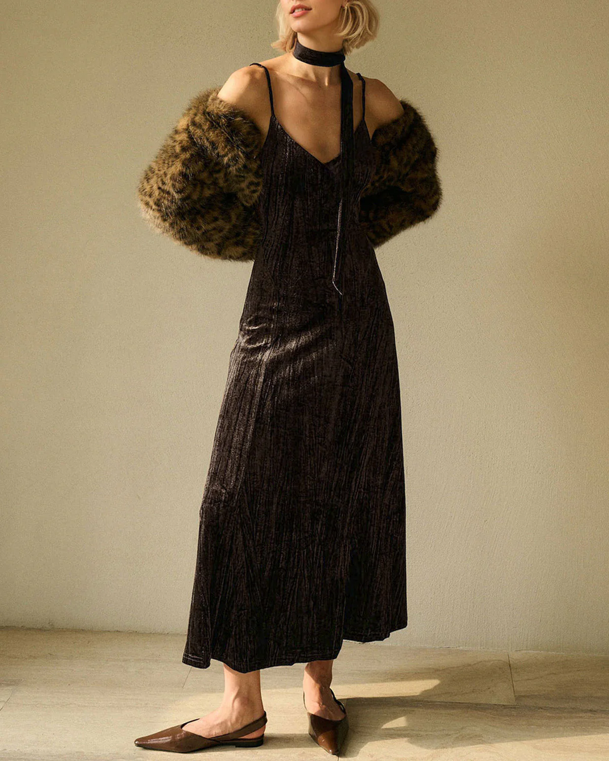 Coffee Velour Slip Midi Dress