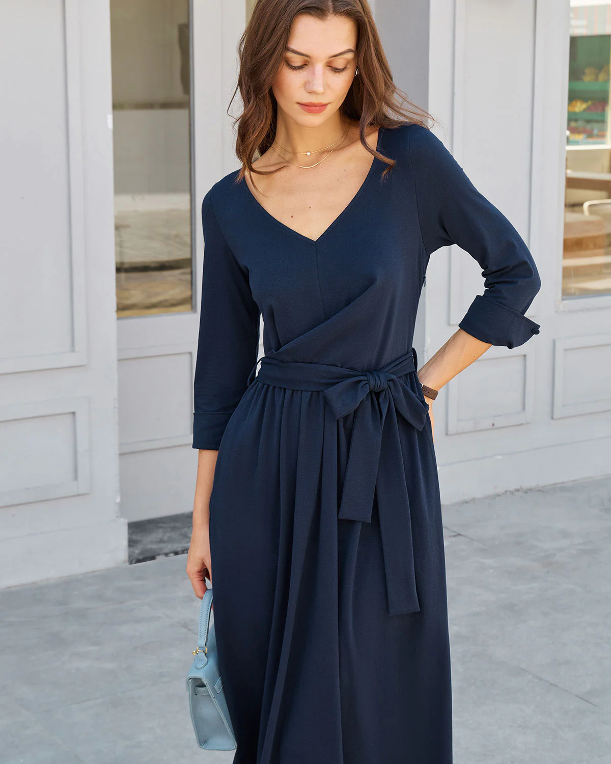 Navy Ruched Tie Waist Maxi Dress