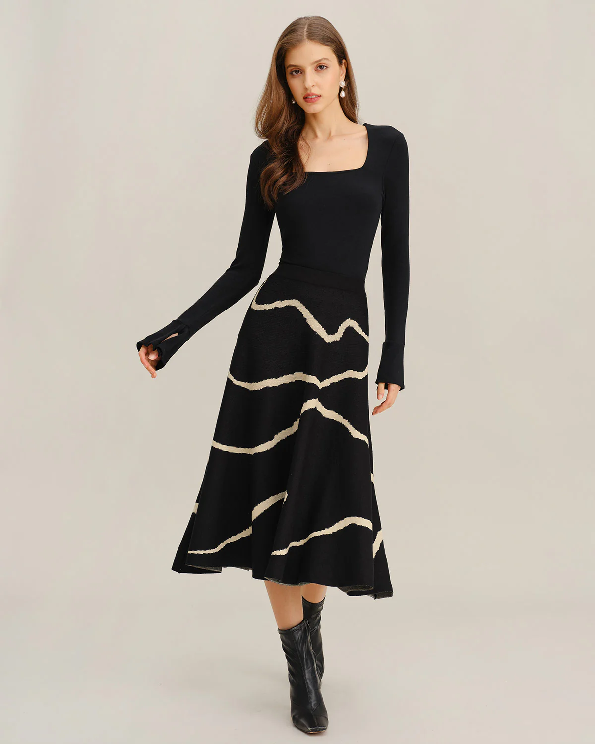 Black Geometric Elastic Waist Midi Skirt