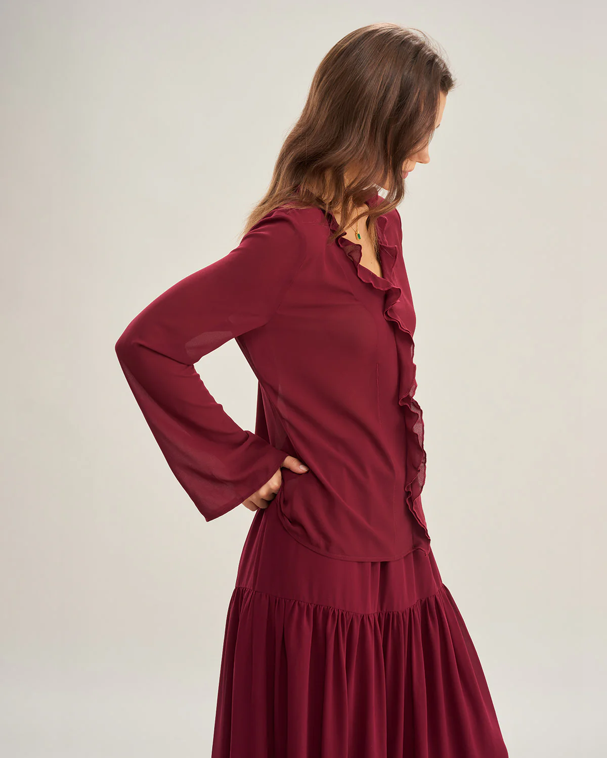 Wine Red Ruffle Chiffon Shirt